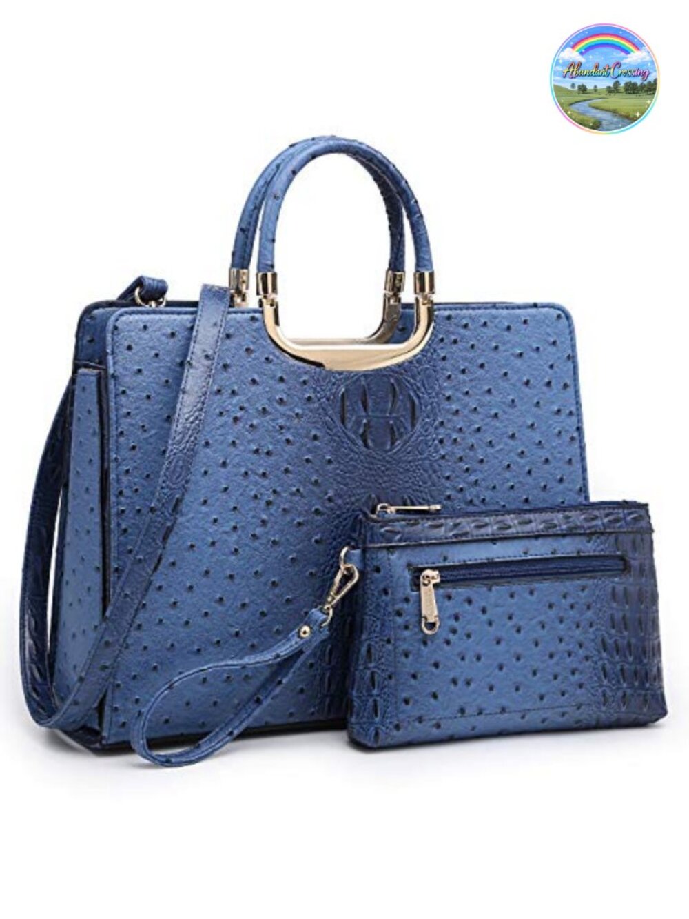 Vegan PU Ostritch Textured Satchel Tote with Matching Wallet